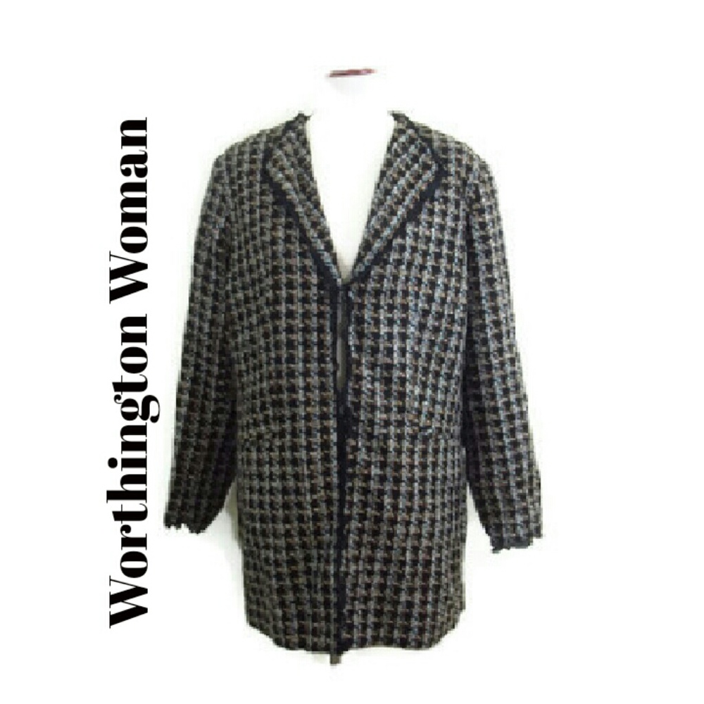 Worthington Black Houndstooth Plaid Woven Coat